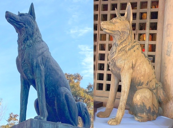 見付天神のしっぺい太郎像と光前寺の早太郎像の比較